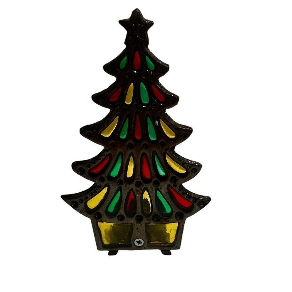 Vintage Cast Iron & Stained Glass Christmas Tree Candle/votive holder
